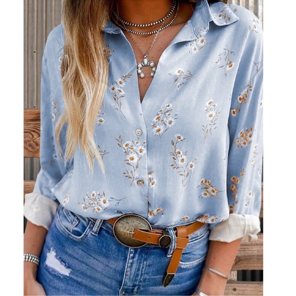 Boho Blue Floral Print Button Down Boyfriend Shirt XS S M L XL